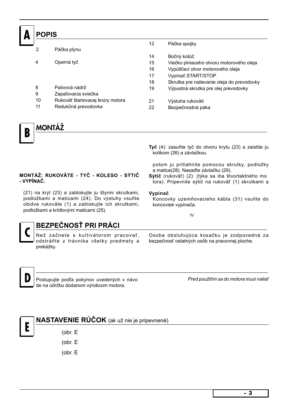 Montáž bezpečnosť pri práci popis, Nastavenie motora, Nastavenie rúčok | Mod. 1, Mod. 2, Mod. 3, Mod. 4 | Partner PFT3540 B User Manual | Page 103 / 156