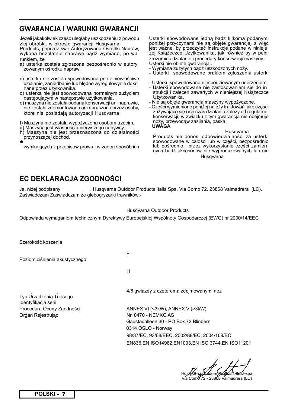 Gwarancja i warunki gwarancji, Ec deklaracja zgodności | Partner PFT3540 B User Manual | Page 114 / 156