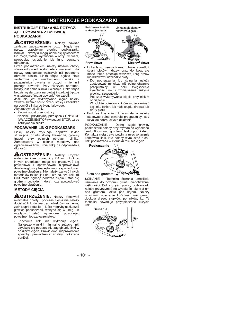 Instrukcje podkaszarki, Ostrzeżenie | Partner B305 CBS Rev.7 User Manual | Page 101 / 140