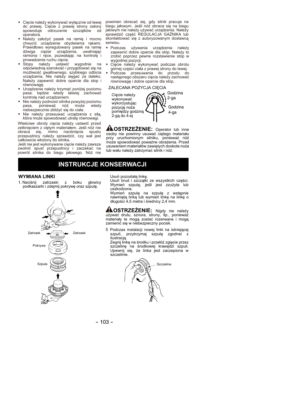 Instrukcje konserwacji, Ostrzeżenie | Partner B305 CBS Rev.7 User Manual | Page 103 / 140