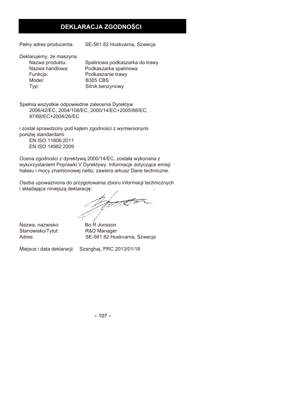 Deklaracja zgodności | Partner B305 CBS Rev.7 User Manual | Page 107 / 140