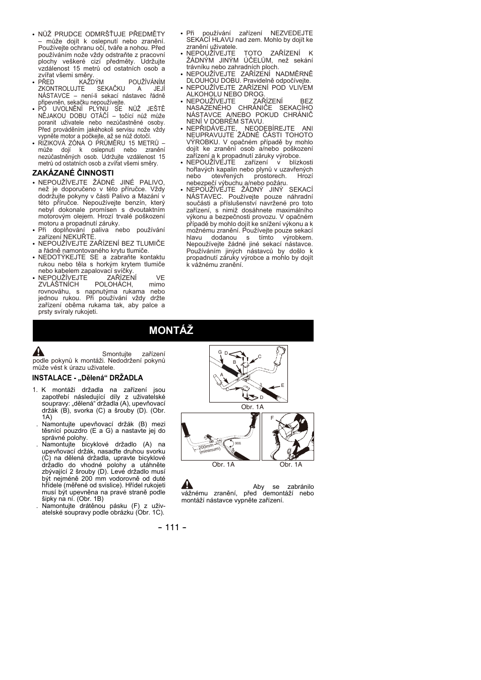 Montáž, Varování | Partner B305 CBS Rev.7 User Manual | Page 111 / 140