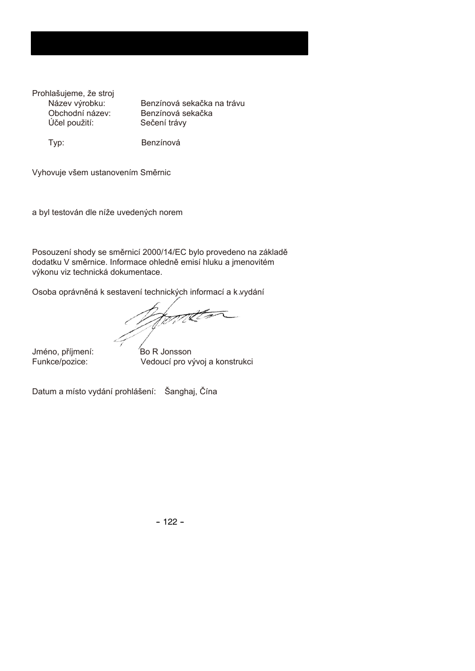 Prohlášení shody | Partner B305 CBS Rev.7 User Manual | Page 122 / 140