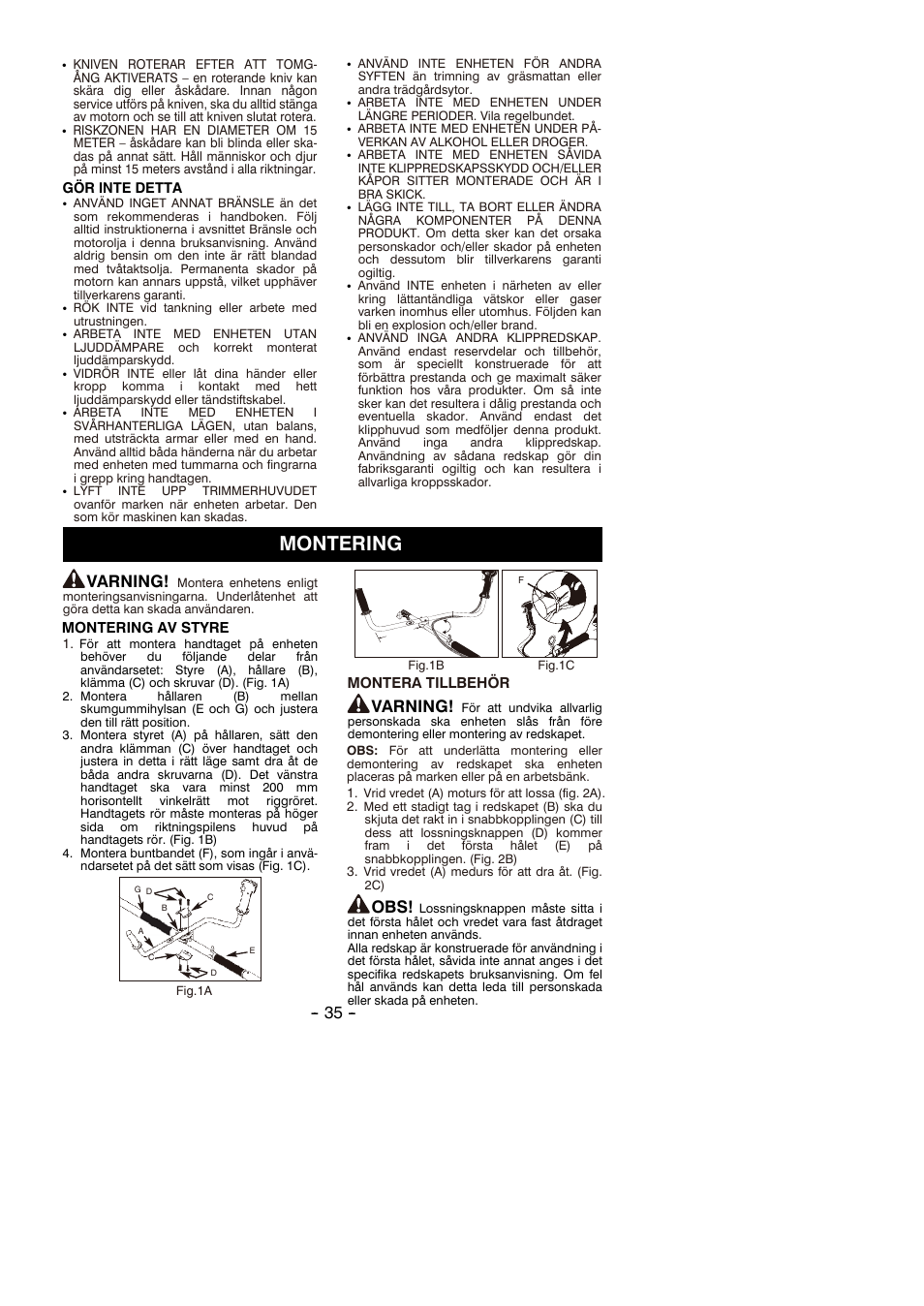 Montering, Varning | Partner B305 CBS Rev.7 User Manual | Page 35 / 140