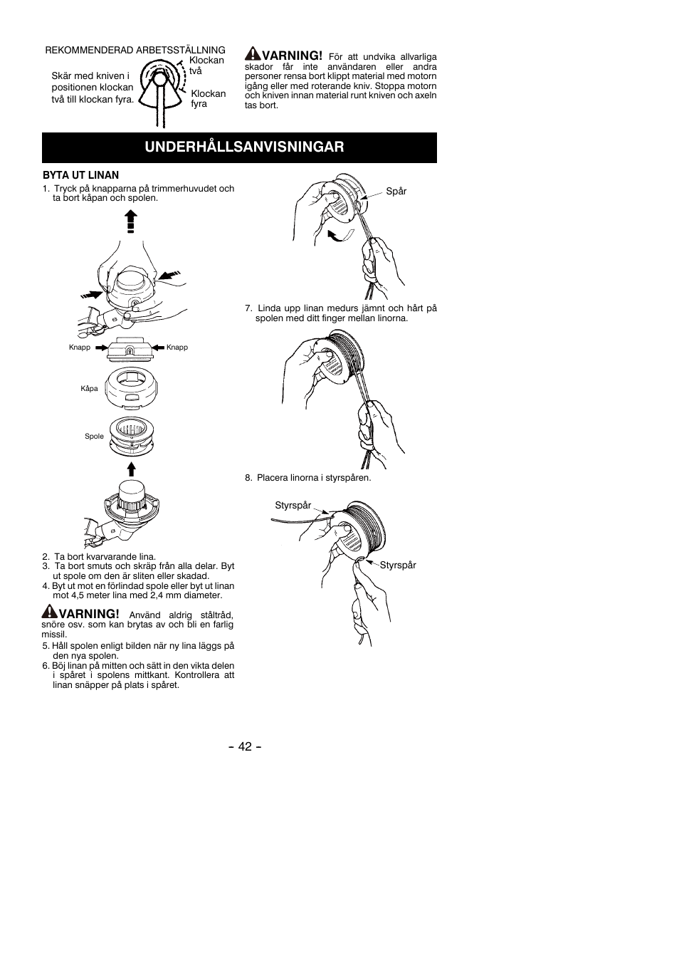 Underhållsanvisningar, Varning | Partner B305 CBS Rev.7 User Manual | Page 42 / 140