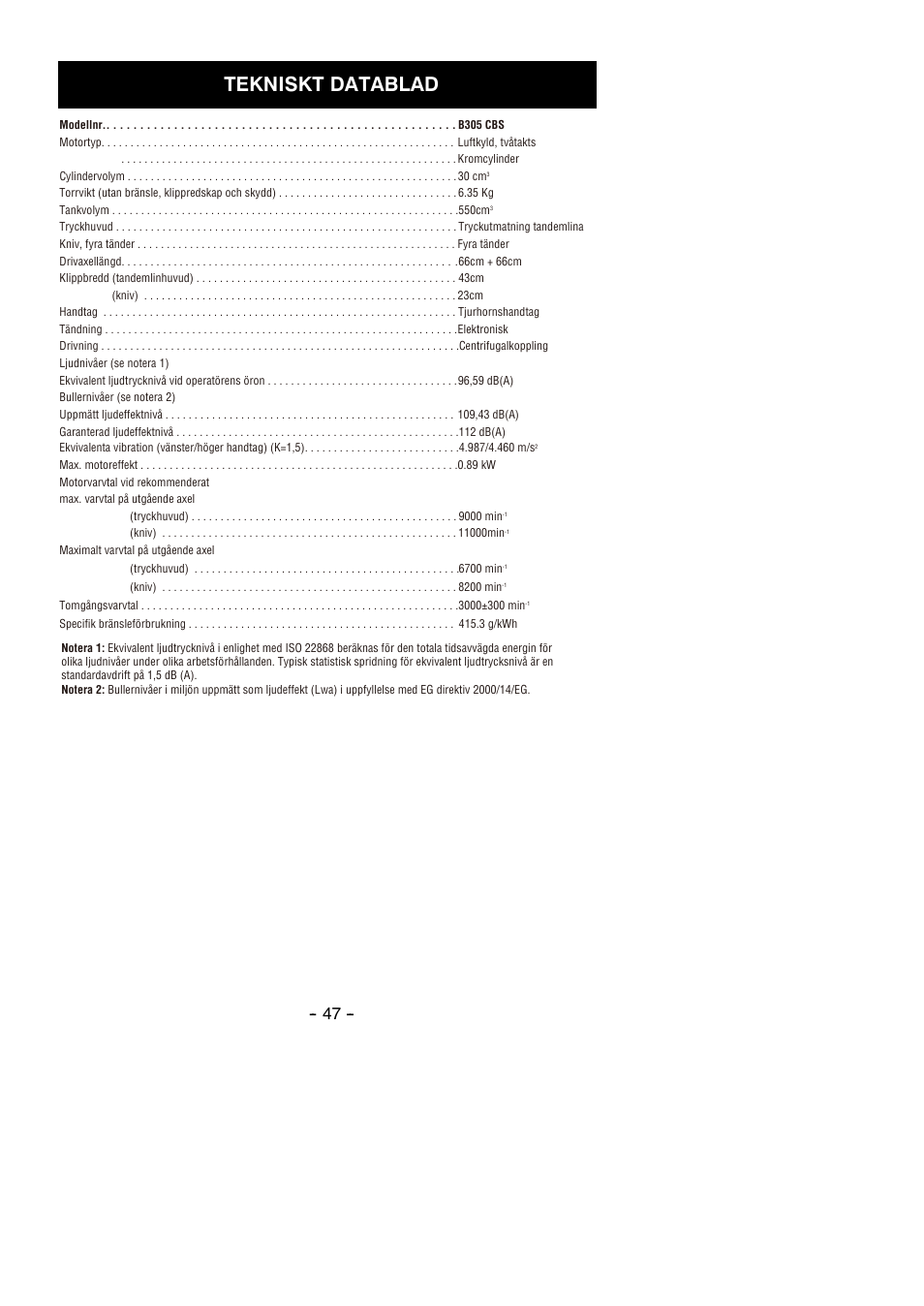 Tekniskt datablad | Partner B305 CBS Rev.7 User Manual | Page 47 / 140