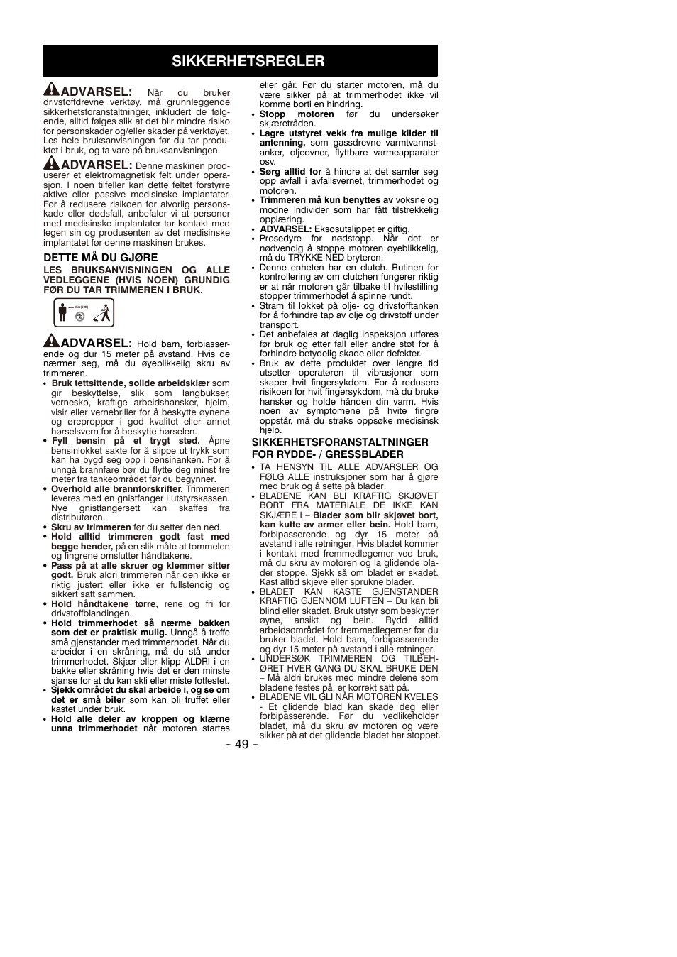 Sikkerhetsregler, Advarsel | Partner B305 CBS Rev.7 User Manual | Page 49 / 140