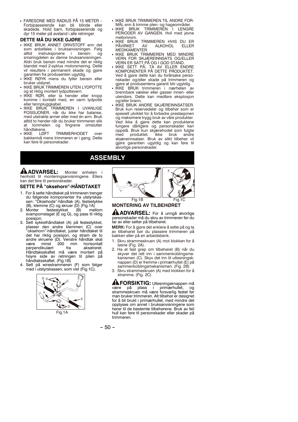 Assembly, Advarsel, Forsiktig | Partner B305 CBS Rev.7 User Manual | Page 50 / 140