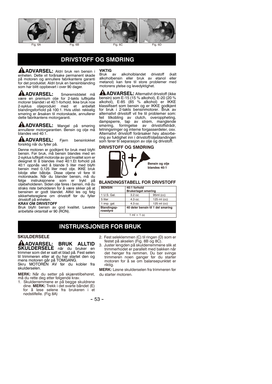 Drivstoff og smøring, Instruksjoner for bruk, Advarsel | Advarsel: bruk alltid skuldersele | Partner B305 CBS Rev.7 User Manual | Page 53 / 140
