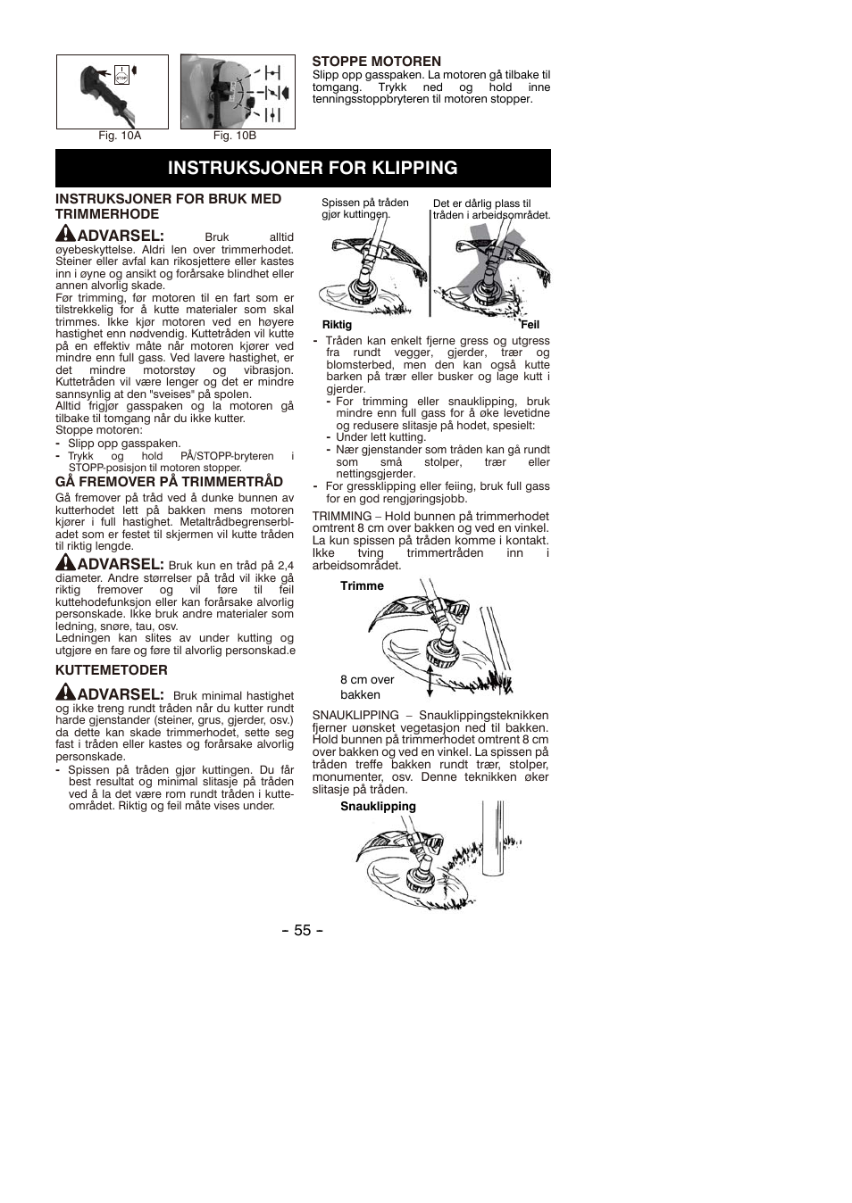 Instruksjoner for klipping, Advarsel | Partner B305 CBS Rev.7 User Manual | Page 55 / 140