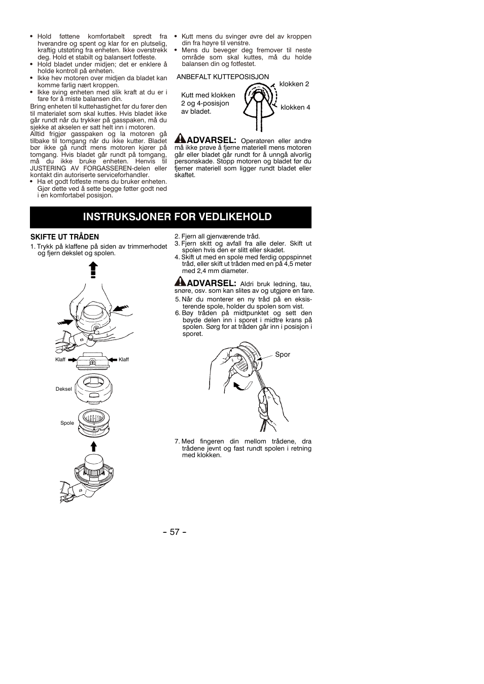 Instruksjoner for vedlikehold, Advarsel | Partner B305 CBS Rev.7 User Manual | Page 57 / 140