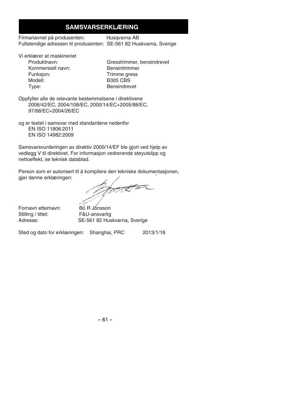 Samsvarserklæring | Partner B305 CBS Rev.7 User Manual | Page 61 / 140