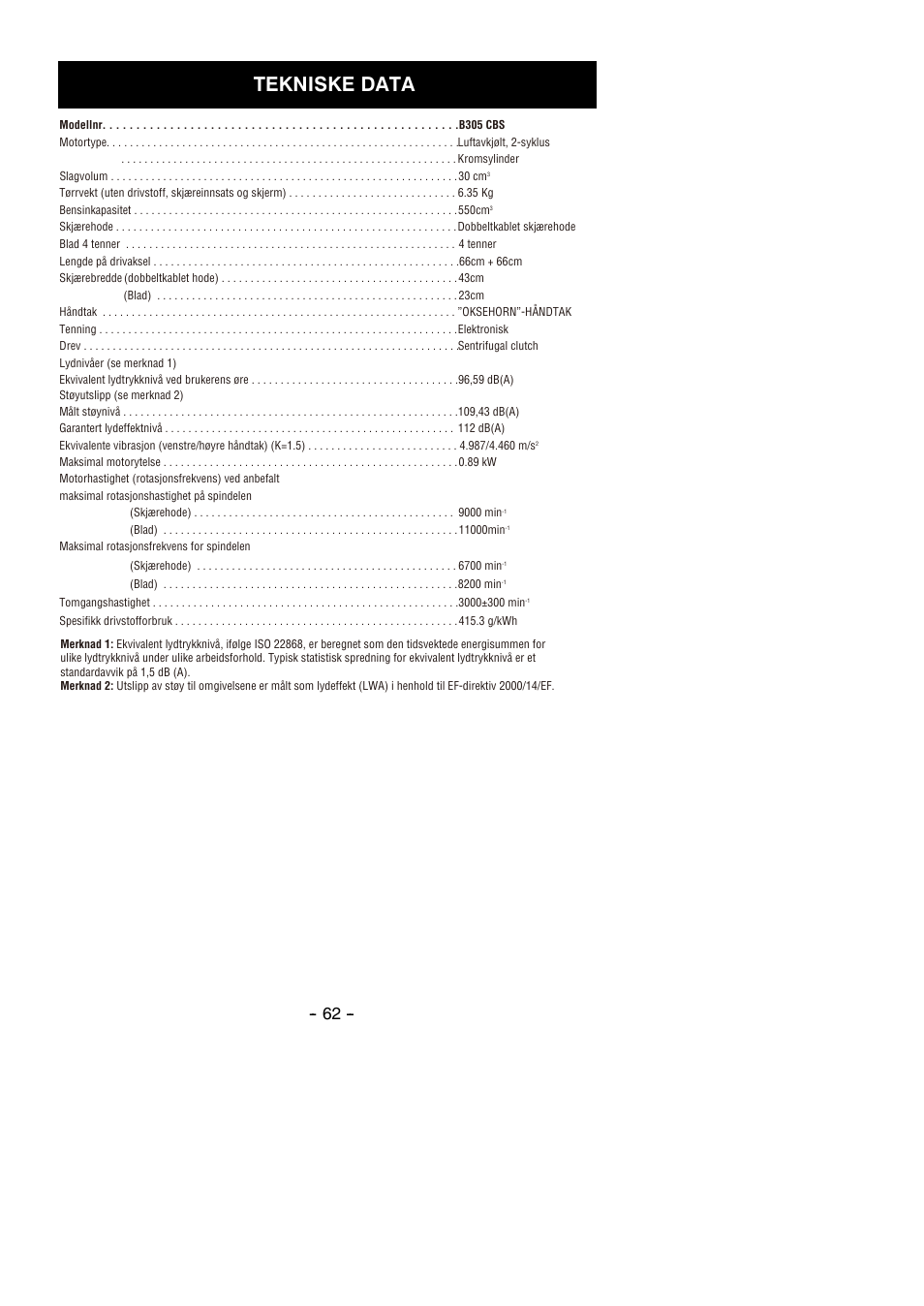 Tekniske data | Partner B305 CBS Rev.7 User Manual | Page 62 / 140