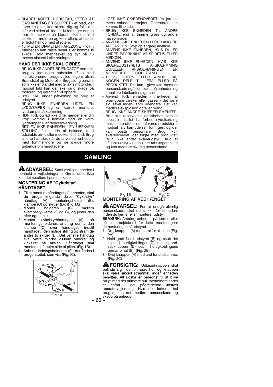 Samling, Advarsel, Forsigtig | Partner B305 CBS Rev.7 User Manual | Page 65 / 140