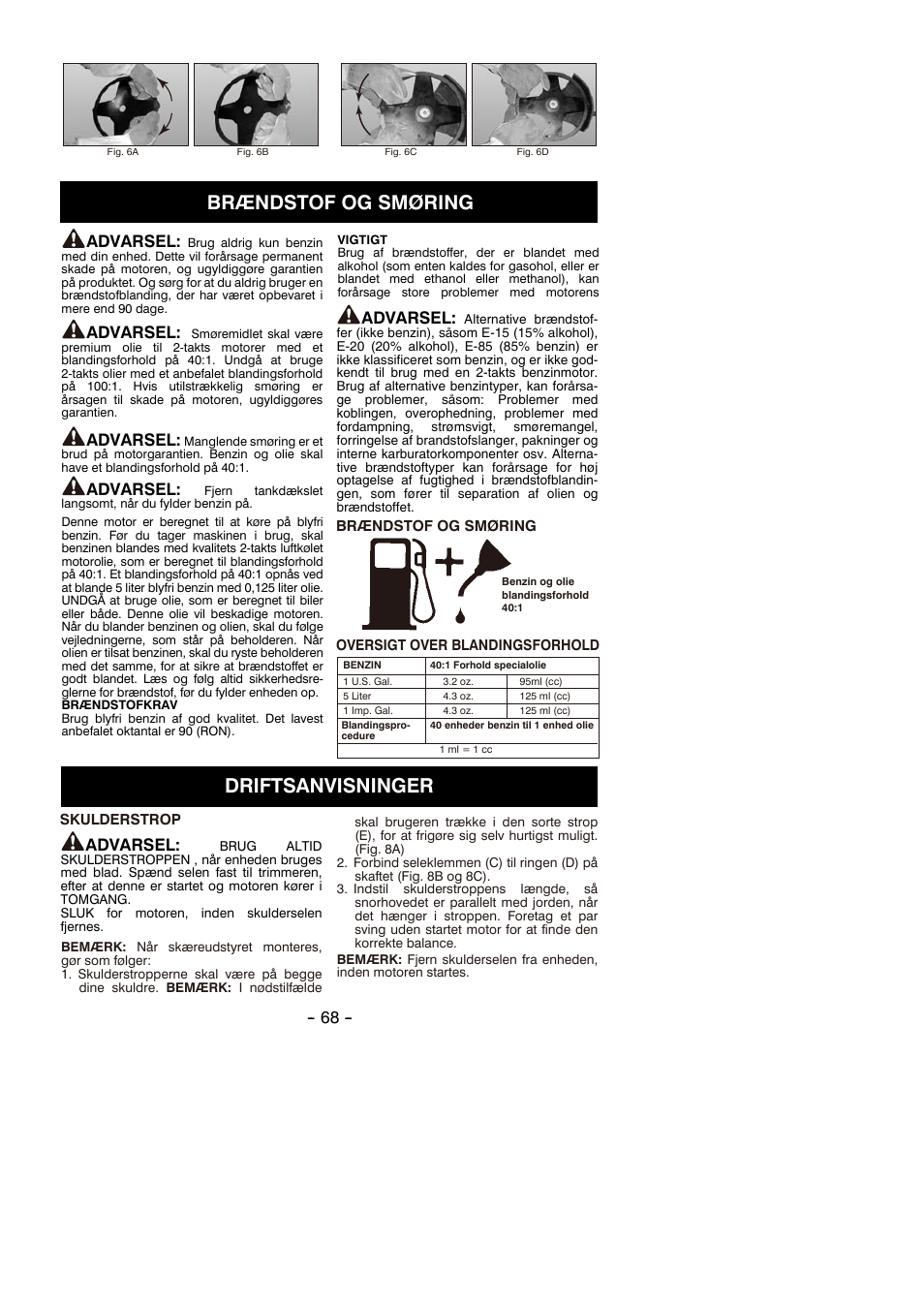 Brændstof og smøring, Driftsanvisninger, Advarsel | Partner B305 CBS Rev.7 User Manual | Page 68 / 140