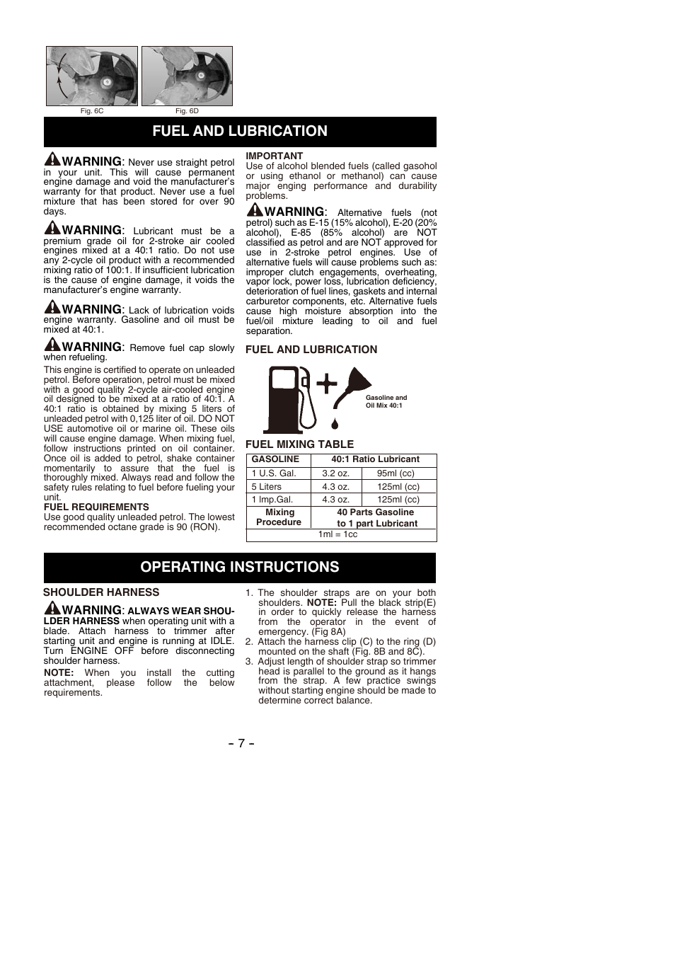 Fuel and lubrication operating instructions, Warning | Partner B305 CBS Rev.7 User Manual | Page 7 / 140