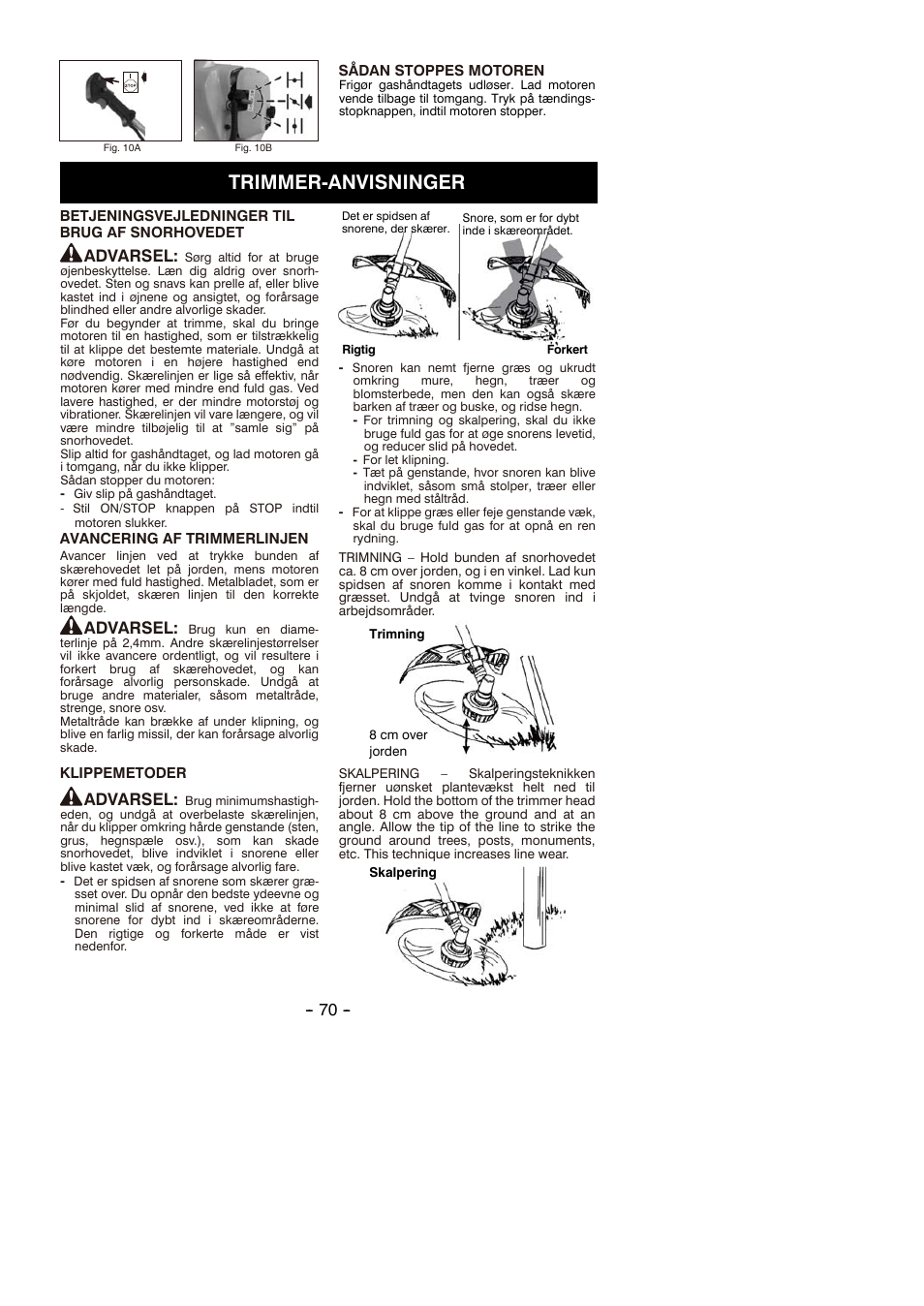 Trimmer-anvisninger, Advarsel | Partner B305 CBS Rev.7 User Manual | Page 70 / 140