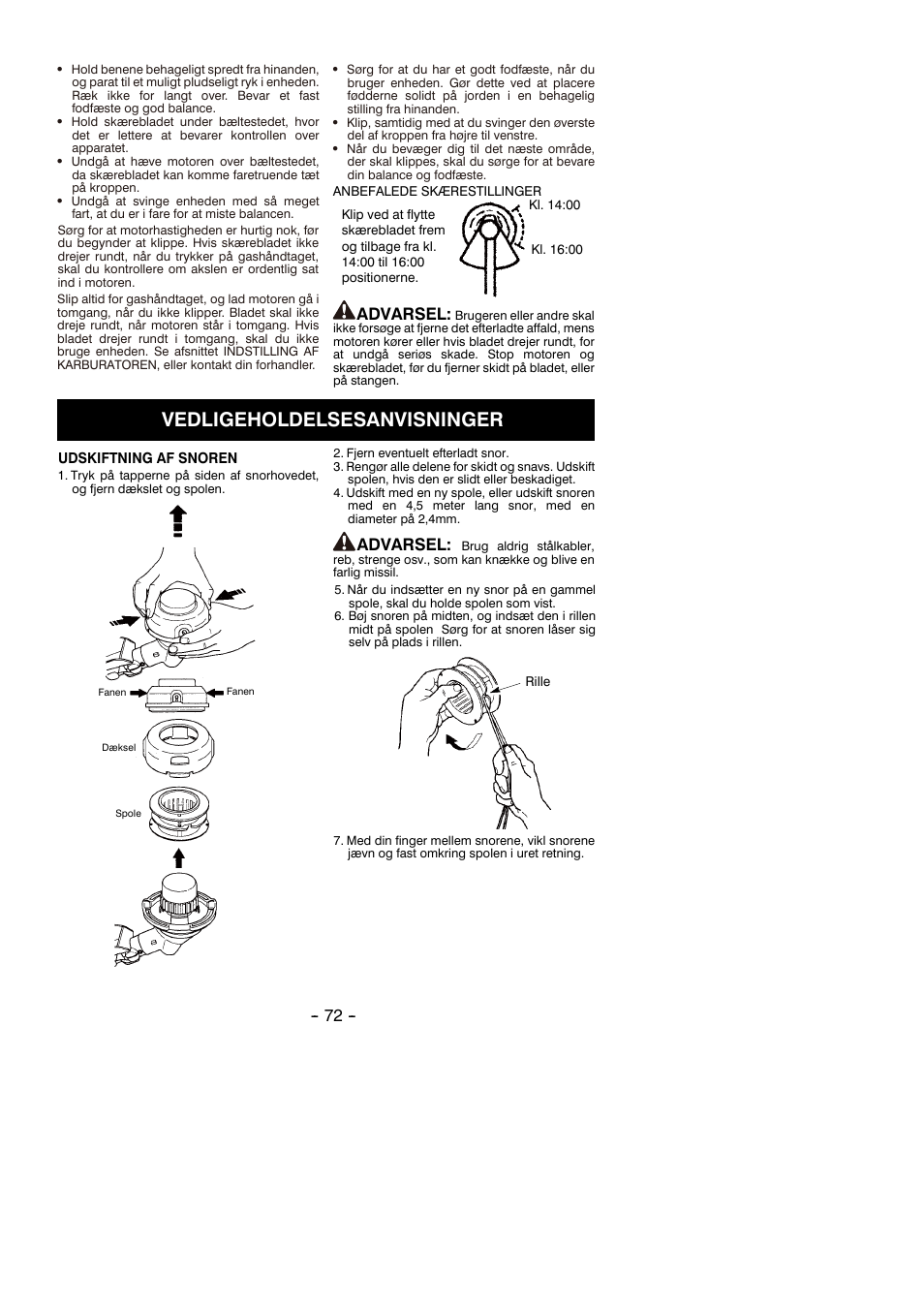Vedligeholdelsesanvisninger, Advarsel | Partner B305 CBS Rev.7 User Manual | Page 72 / 140