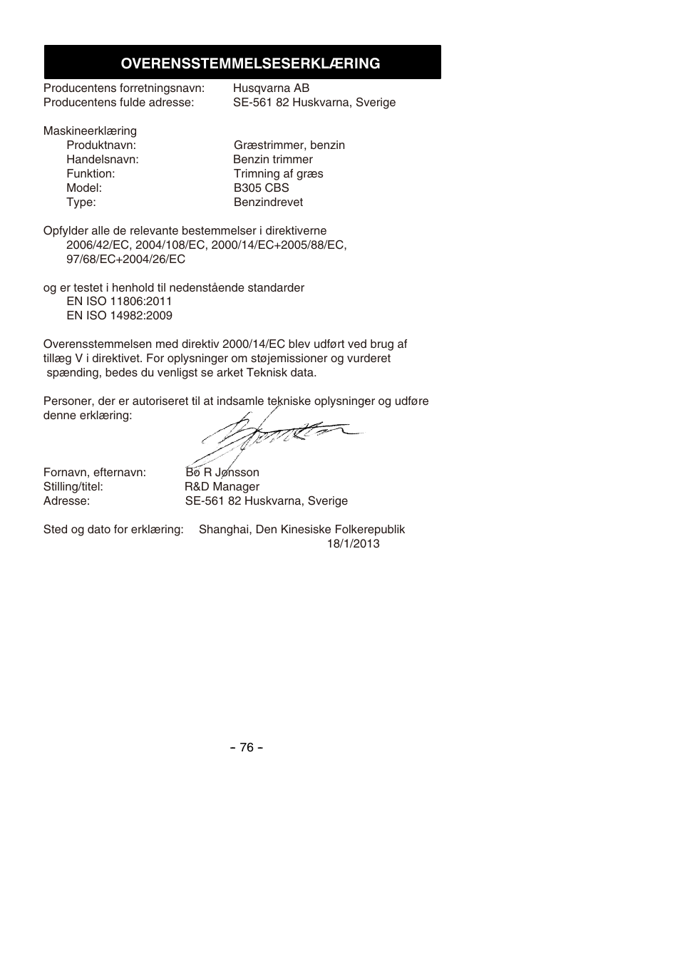 Overensstemmelseserklæring | Partner B305 CBS Rev.7 User Manual | Page 76 / 140