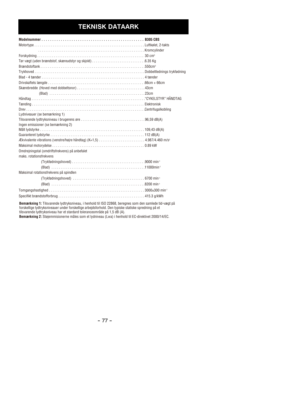 Teknisk dataark | Partner B305 CBS Rev.7 User Manual | Page 77 / 140