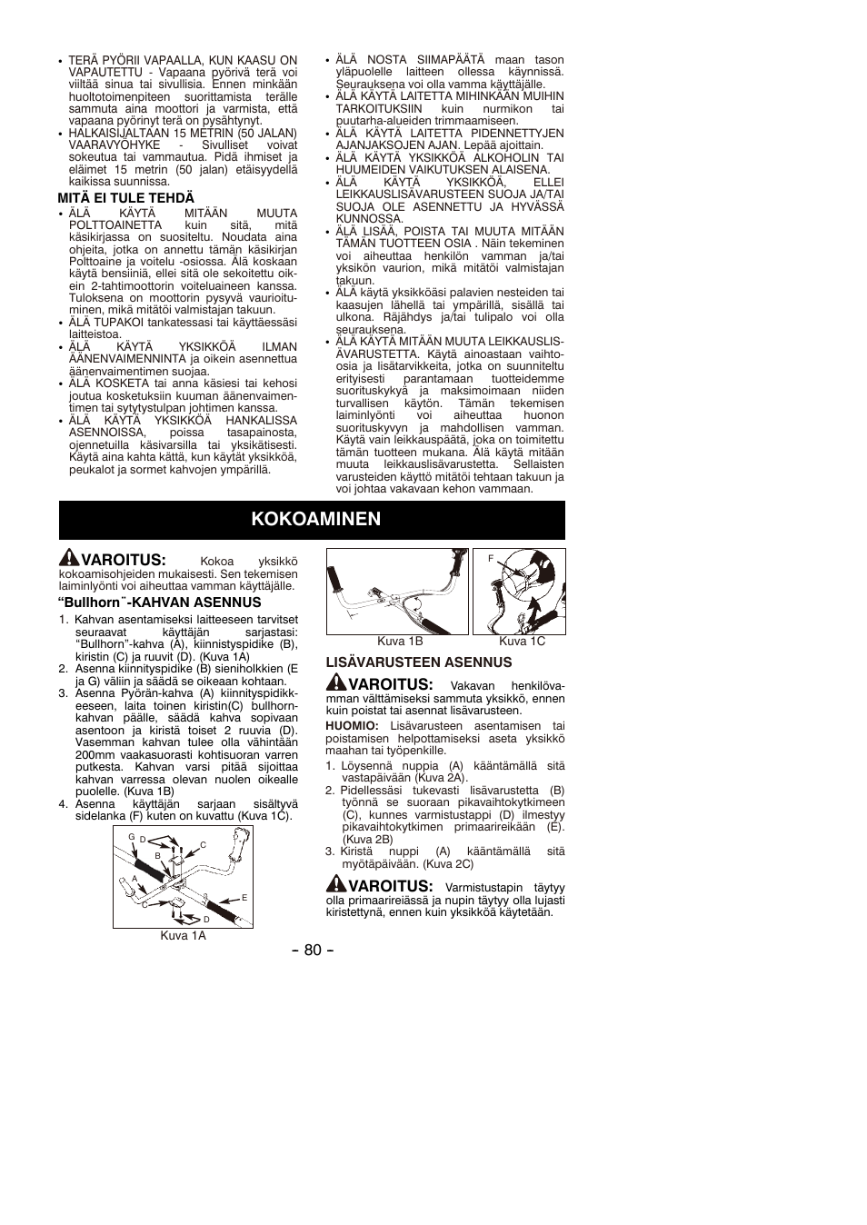 Kokoaminen, Varoitus | Partner B305 CBS Rev.7 User Manual | Page 80 / 140