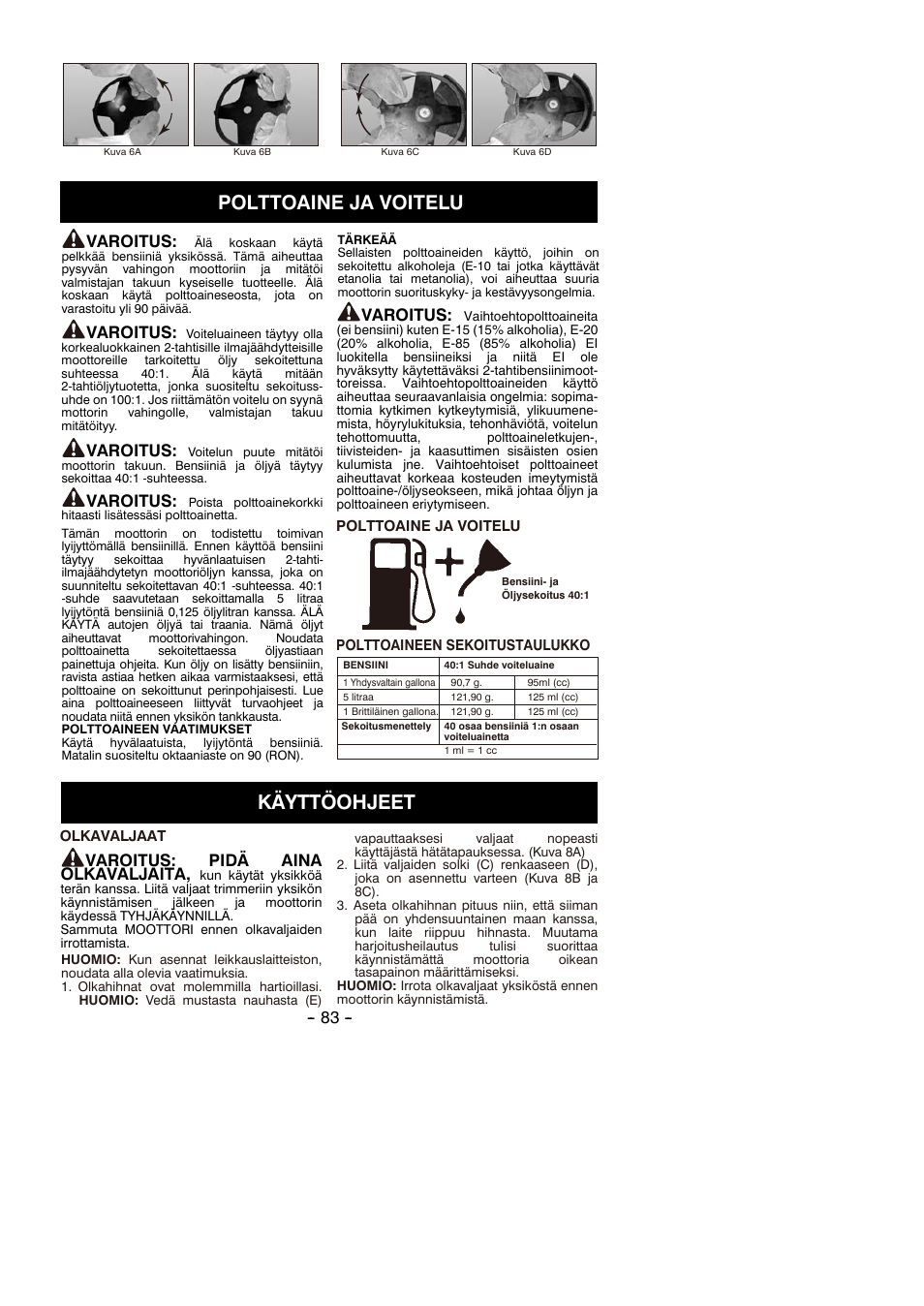 Polttoaine ja voitelu, Käyttöohjeet, Varoitus | Varoitus: pidä aina olkavaljaita | Partner B305 CBS Rev.7 User Manual | Page 83 / 140
