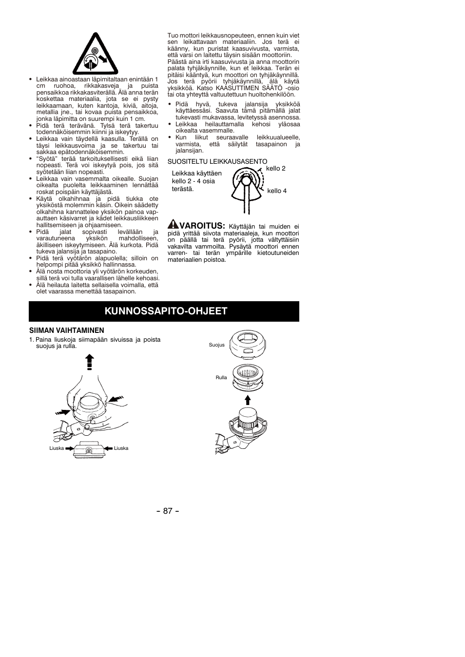 Kunnossapito-ohjeet, Varoitus | Partner B305 CBS Rev.7 User Manual | Page 87 / 140
