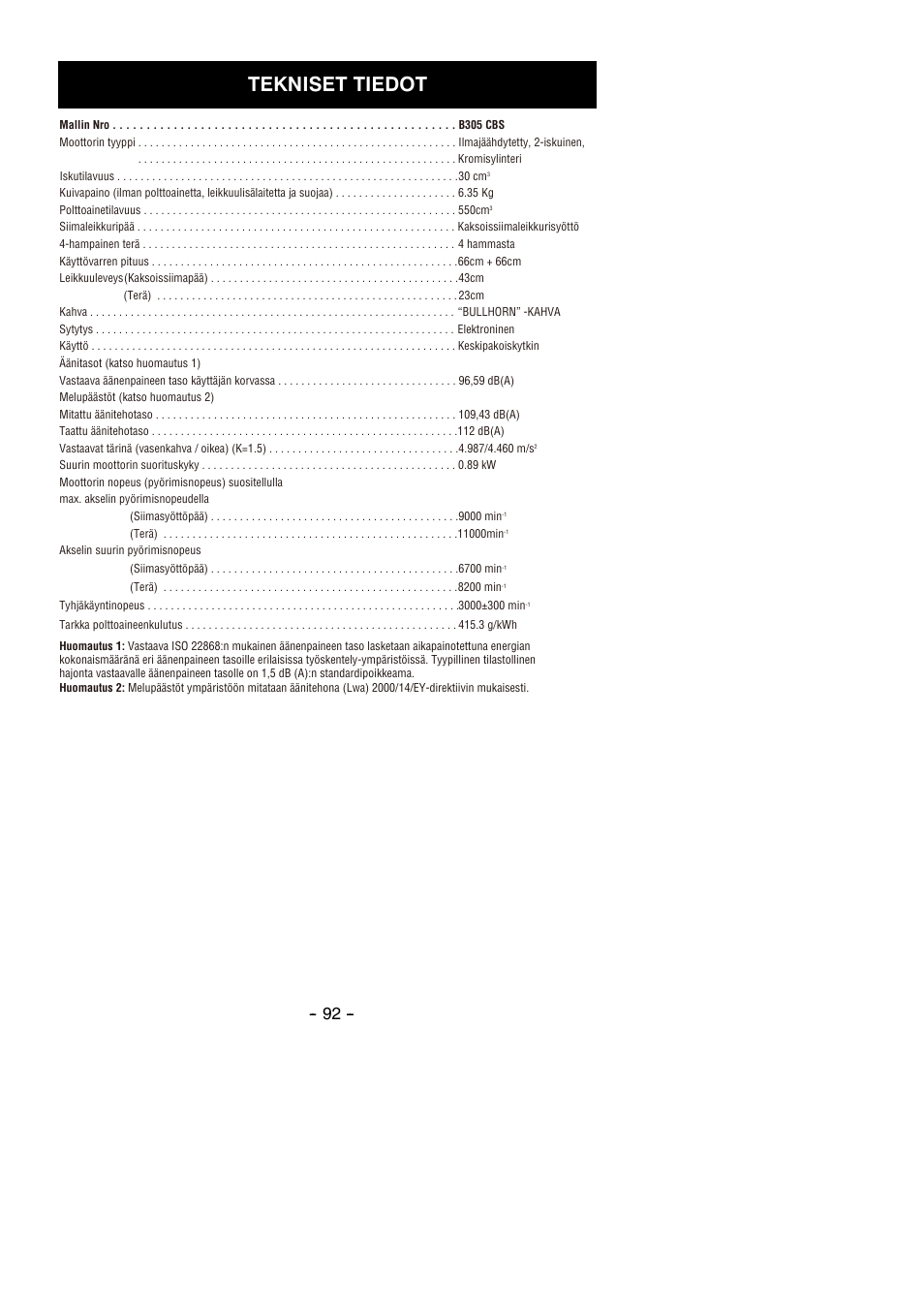 Tekniset tiedot | Partner B305 CBS Rev.7 User Manual | Page 92 / 140