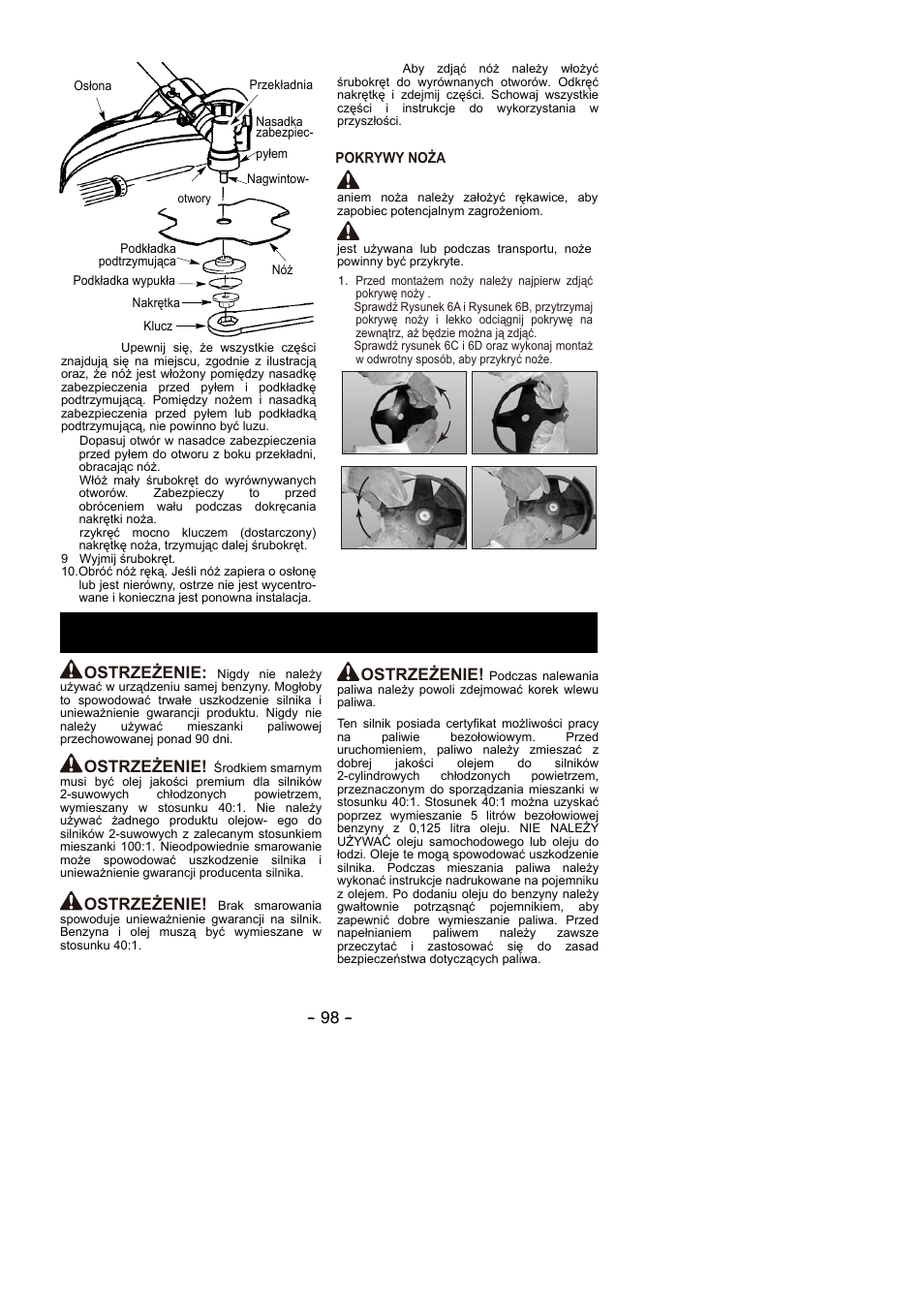 Paliwo i smarowanie, Przestroga, Ostrzeżenie | Partner B305 CBS Rev.7 User Manual | Page 98 / 140