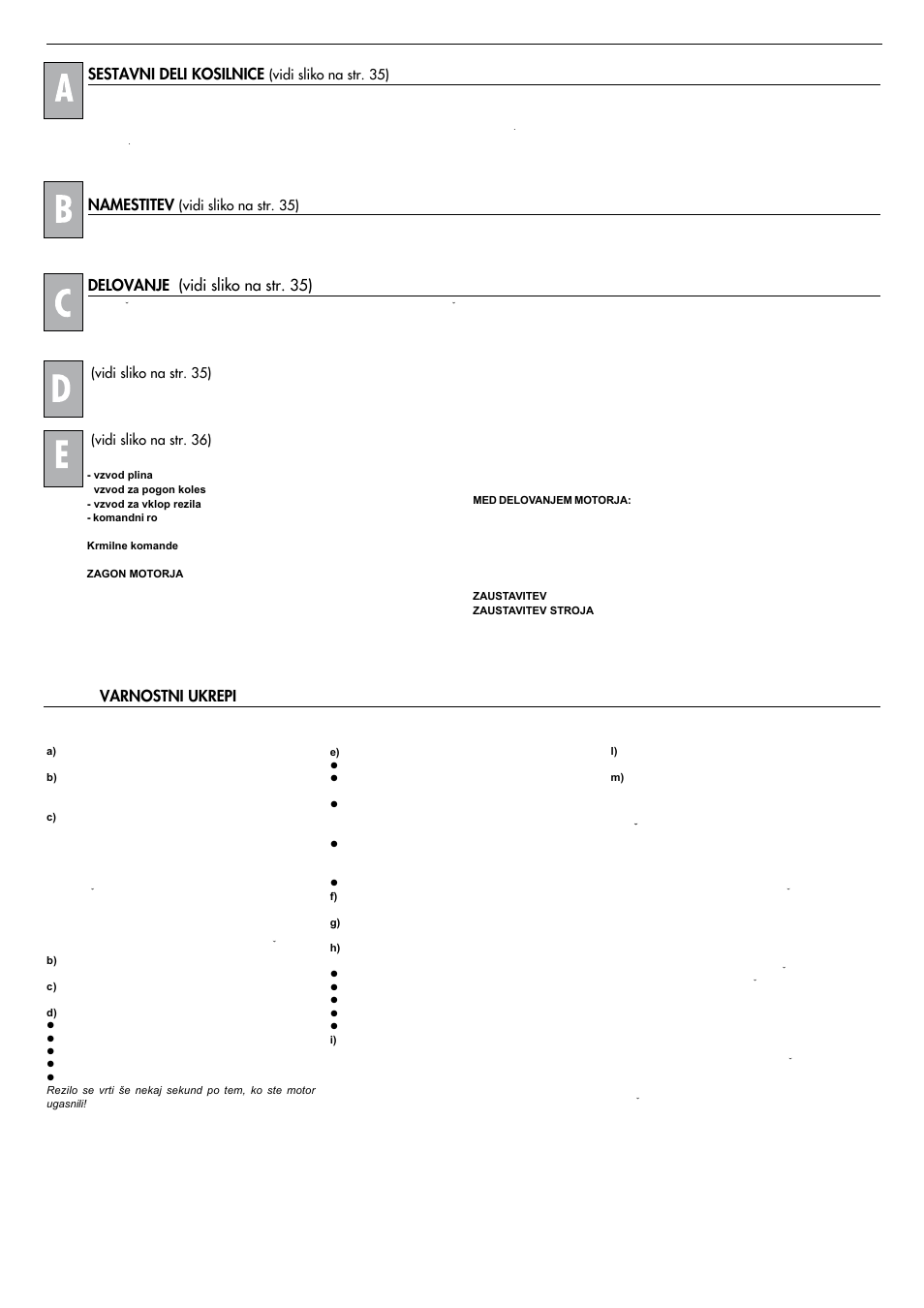 Slovenija sestavni deli kosilnice, Namestitev, Delovanje (vidi sliko na str. 35) varnostni ukrepi | Partner PSKL72B User Manual | Page 31 / 40