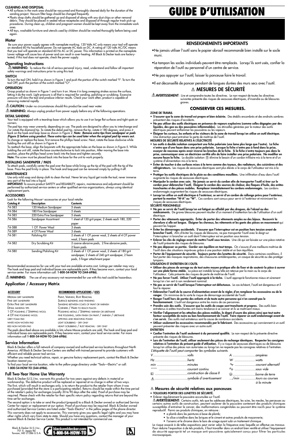 Guide d’utilisation, Mesures de sécurité, Motor | Operating instructions, Application / accessory matrix, Service information, Full two-year home use warranty, Conserver ces mesures, Mesures de sécurité relatives aux ponceuses | Black & Decker MS500 User Manual | Page 2 / 4