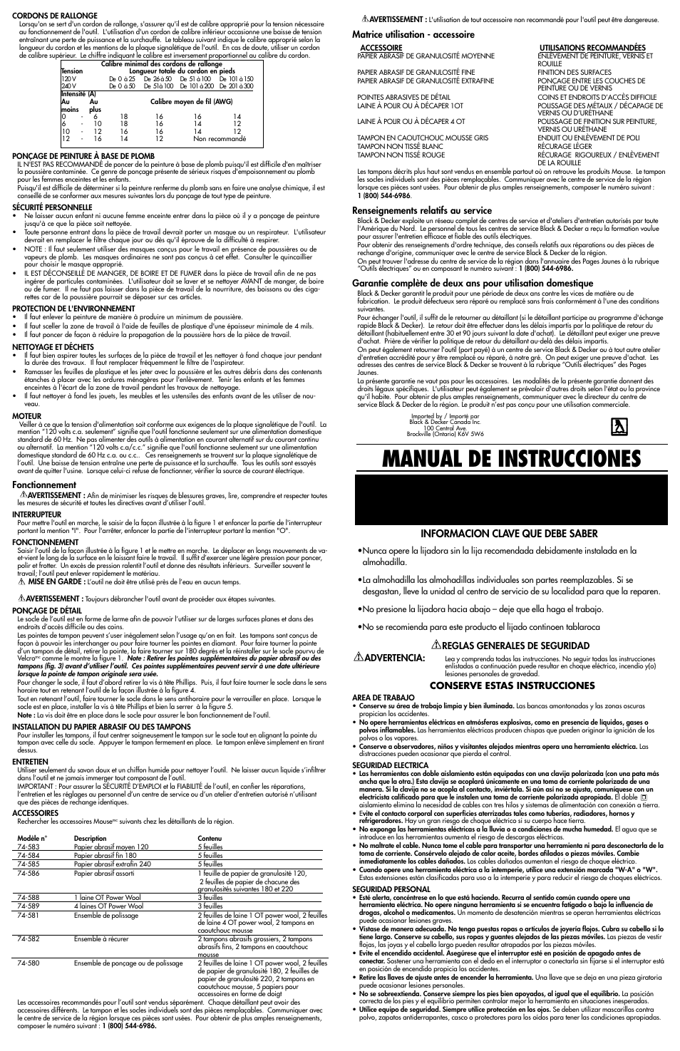 Manual de instrucciones, 7100 informacion clave que debe saber, Fonctionnement | Matrice utilisation - accessoire, Renseignements relatifs au service, Reglas generales de seguridad advertencia, Conserve estas instrucciones | Black & Decker MS500 User Manual | Page 3 / 4