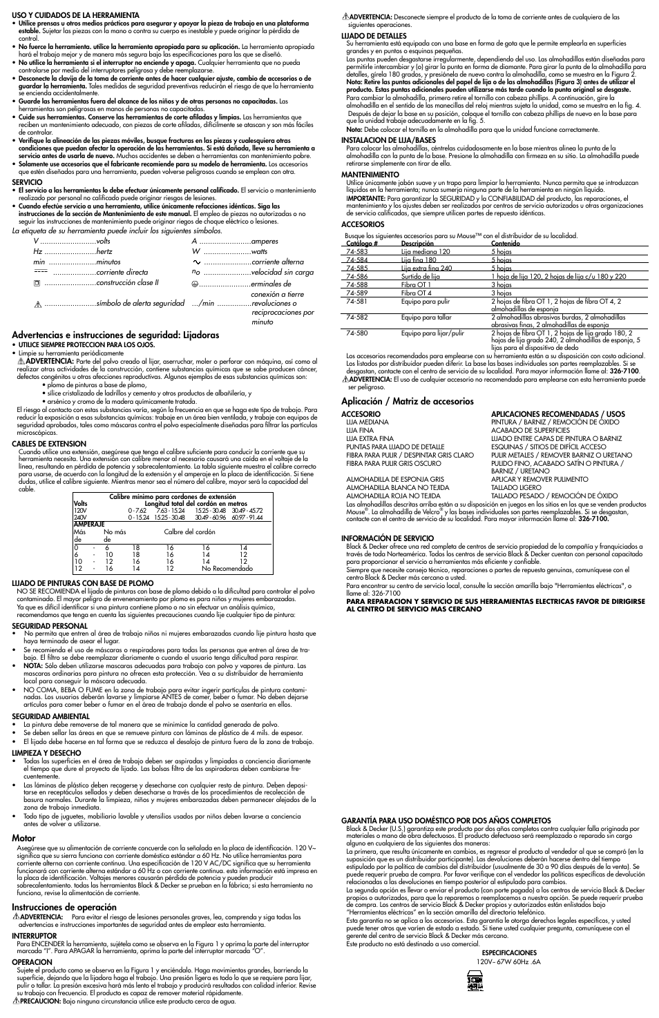Motor, Instrucciones de operación, Aplicación / matriz de accesorios | Black & Decker MS500 User Manual | Page 4 / 4