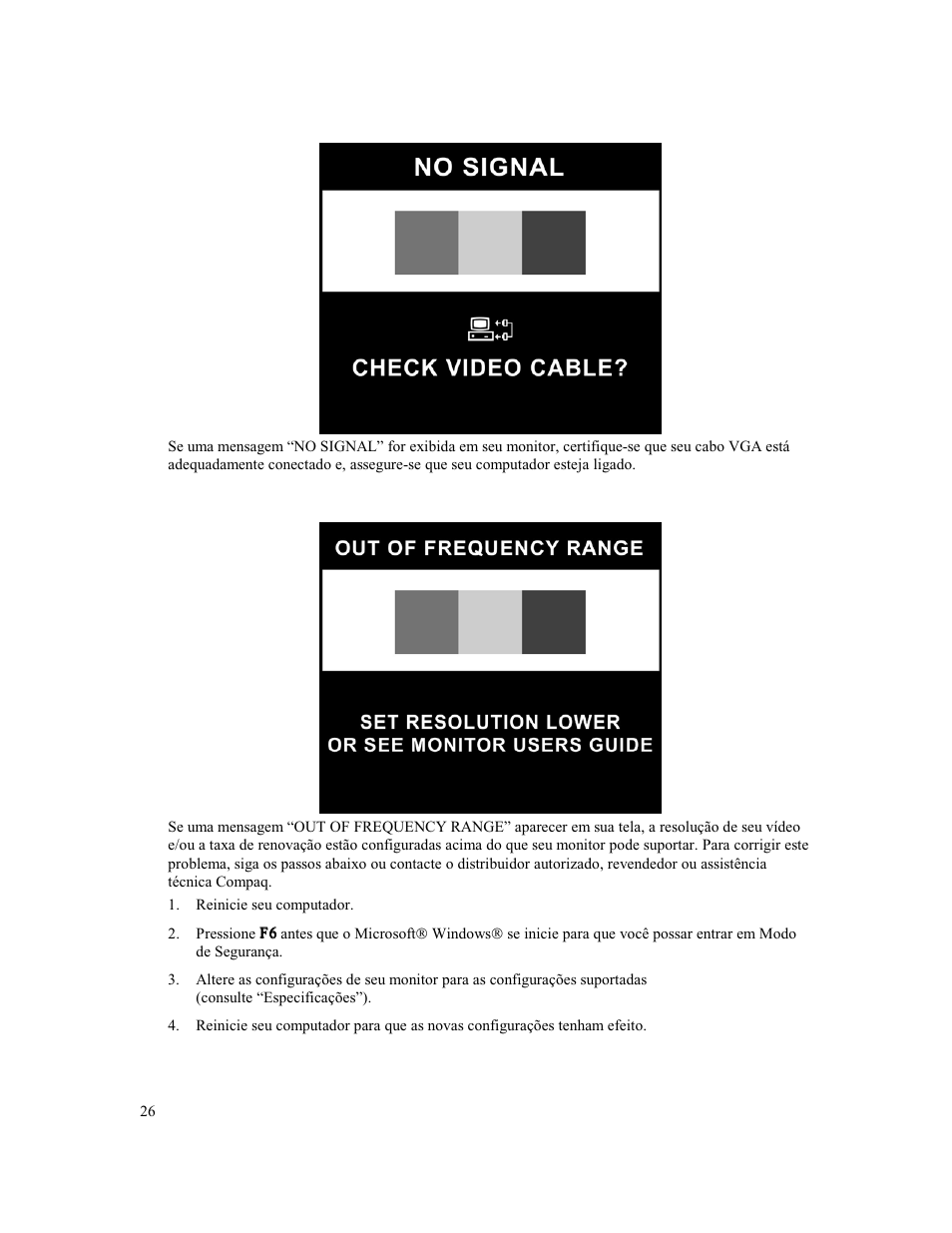 Mensagem no signal, Mensagem out of frequency range | Compaq MV 540 User Manual | Page 28 / 74