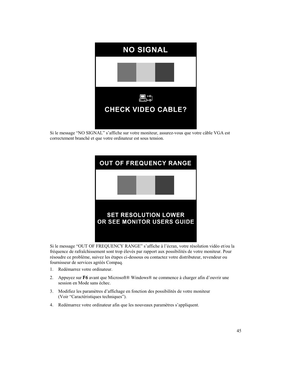 Message “aucun signal” (no signal) | Compaq MV 540 User Manual | Page 47 / 74