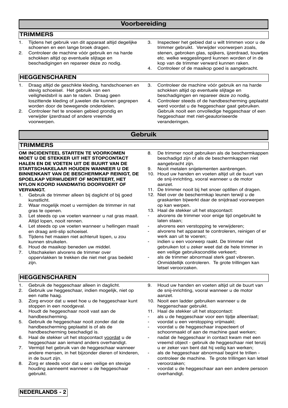 Voorbereiding, Gebruik, Trimmers | Heggenscharen, Nederlands - 2 trimmers | Partner Safety Book User Manual | Page 14 / 72