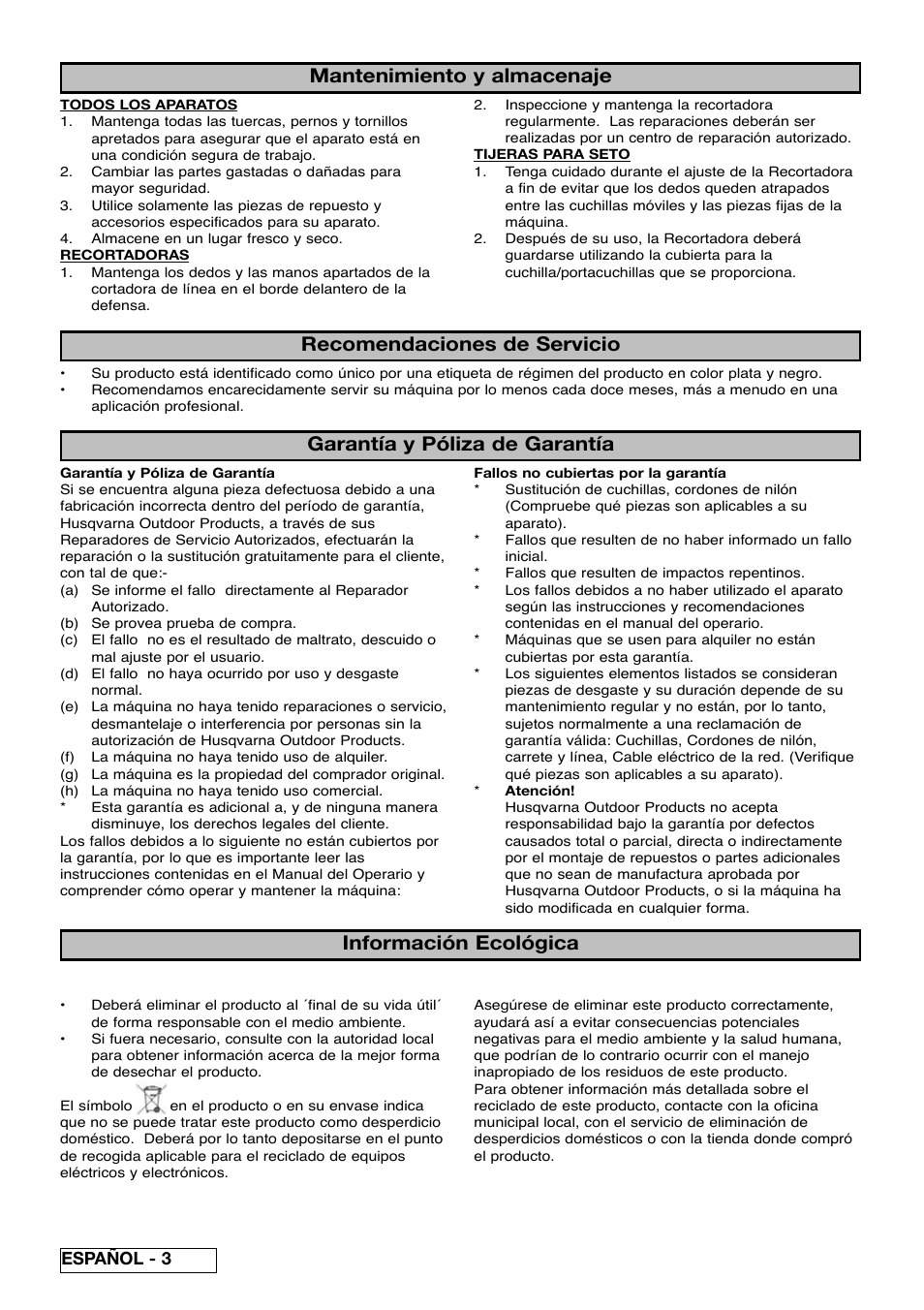 Garantía y póliza de garantía, Información ecológica, Español - 3 | Partner Safety Book User Manual | Page 30 / 72