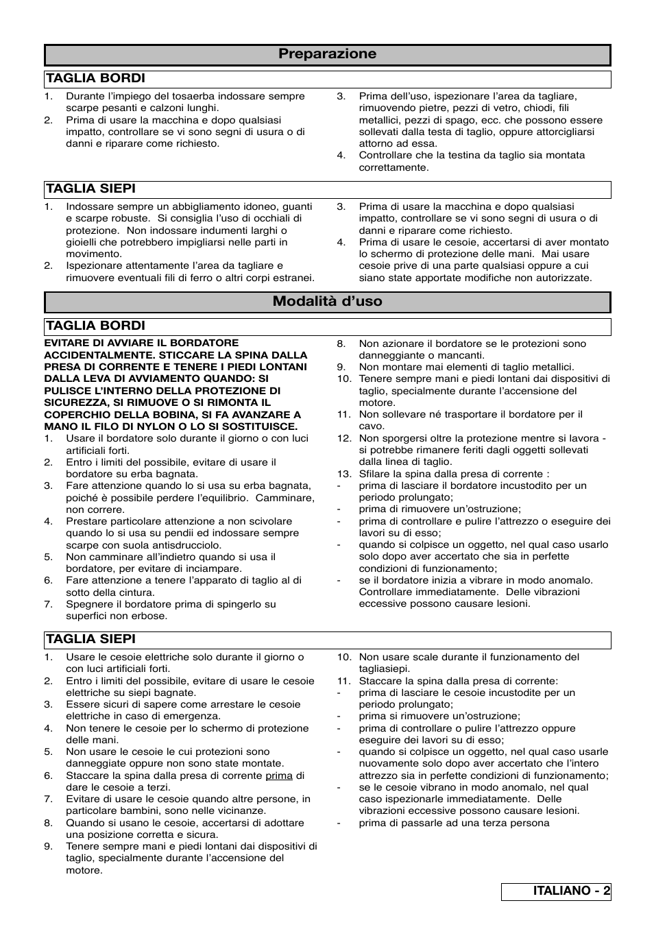 Preparazione, Modalità d’uso, Taglia bordi | Italiano - 2 taglia siepi, Taglia siepi | Partner Safety Book User Manual | Page 35 / 72