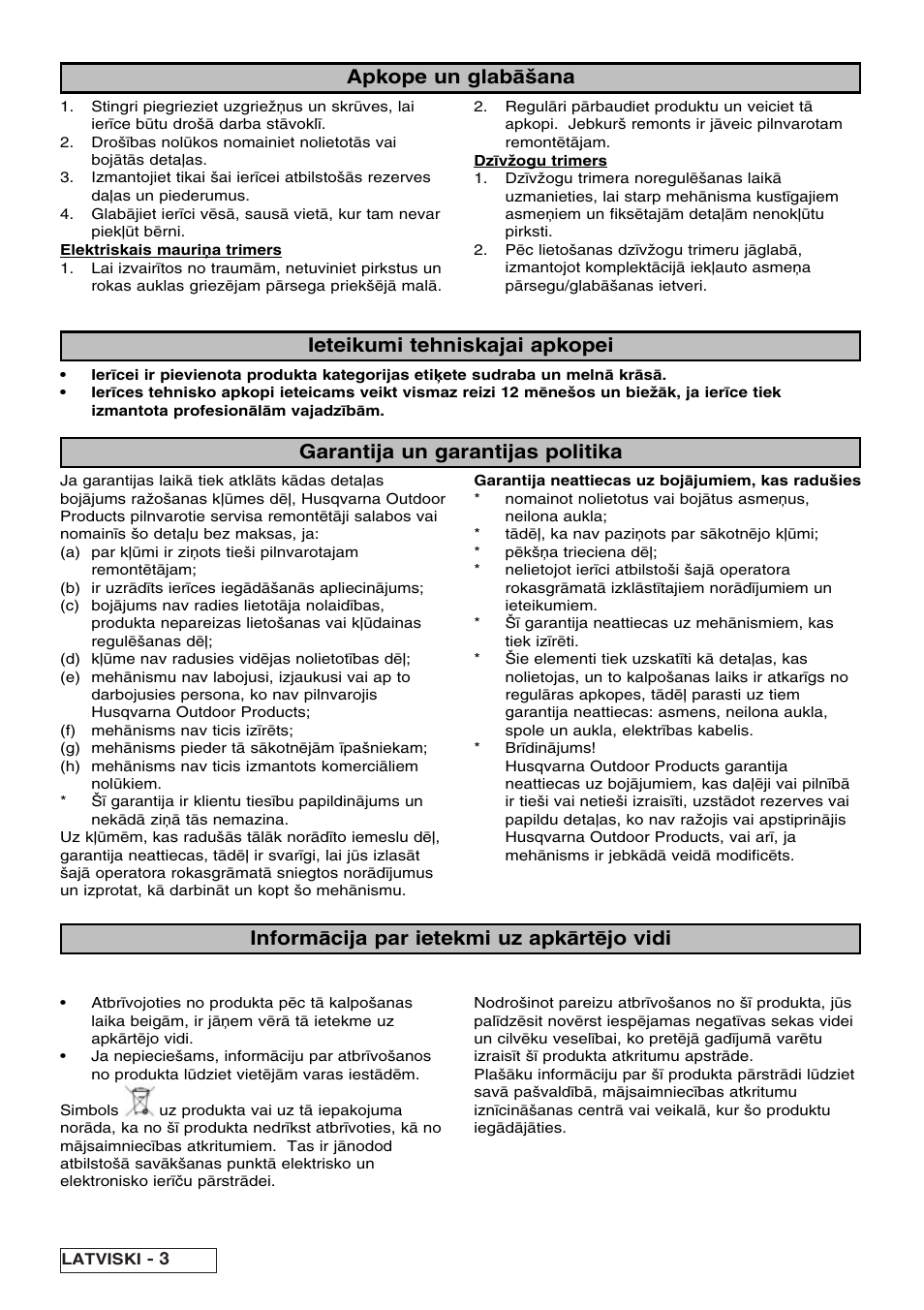 Apkope un glab◊|ana ieteikumi tehniskajai apkopei, Garantija un garantijas politika, Inform◊cija par ietekmi uz apk◊rt]jo vidi | Partner Safety Book User Manual | Page 70 / 72