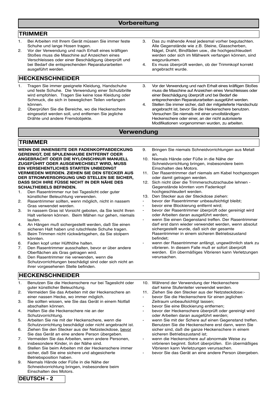 Verwendung, Vorbereitung, Trimmer | Heckenschneider, Deutsch - 2 | Partner Safety Book User Manual | Page 8 / 72