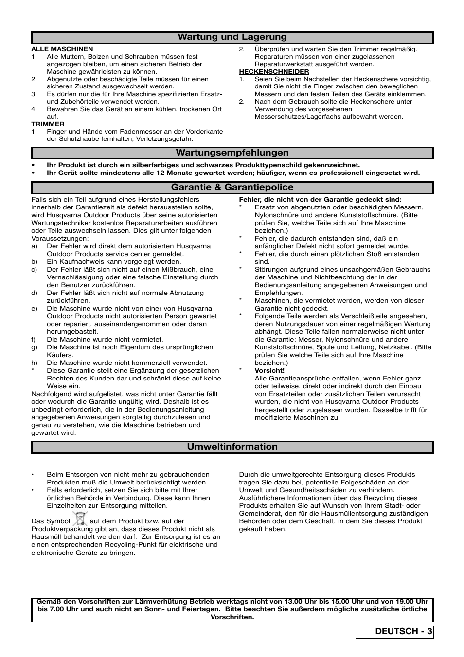 Wartung und lagerung wartungsempfehlungen, Garantie & garantiepolice, Umweltinformation | Deutsch - 3 | Partner Safety Book User Manual | Page 9 / 72