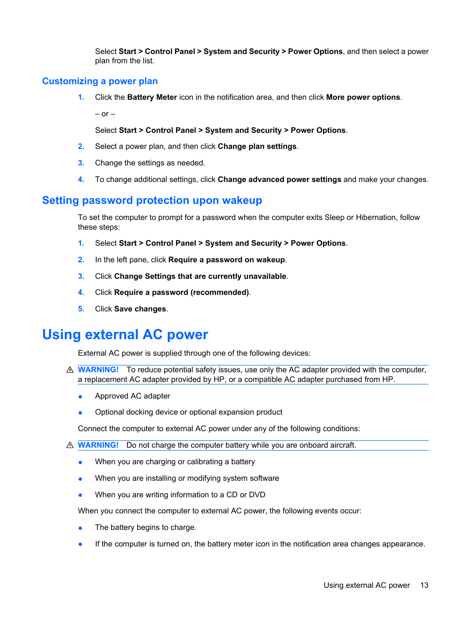 Customizing a power plan, Setting password protection upon wakeup, Using external ac power | Compaq Bluetooth Headset User Manual | Page 21 / 85