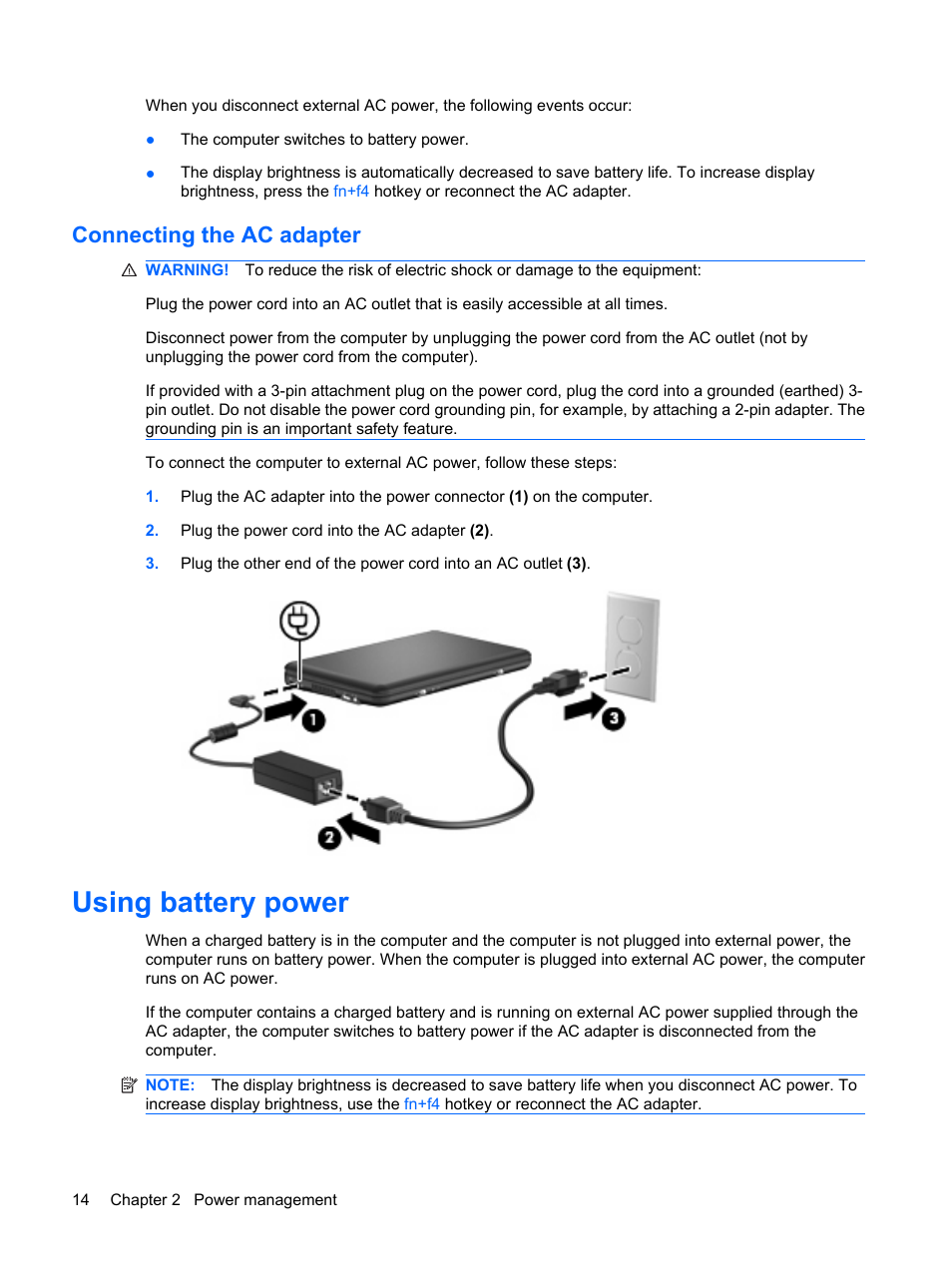 Connecting the ac adapter, Using battery power | Compaq Bluetooth Headset User Manual | Page 22 / 85