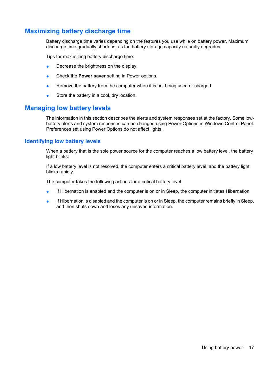 Maximizing battery discharge time, Managing low battery levels, Identifying low battery levels | Compaq Bluetooth Headset User Manual | Page 25 / 85