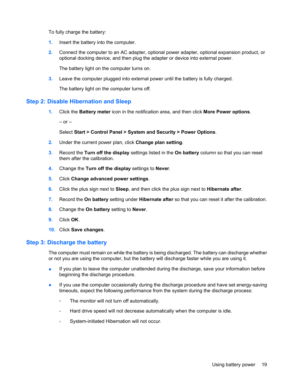 Step 2: disable hibernation and sleep, Step 3: discharge the battery | Compaq Bluetooth Headset User Manual | Page 27 / 85