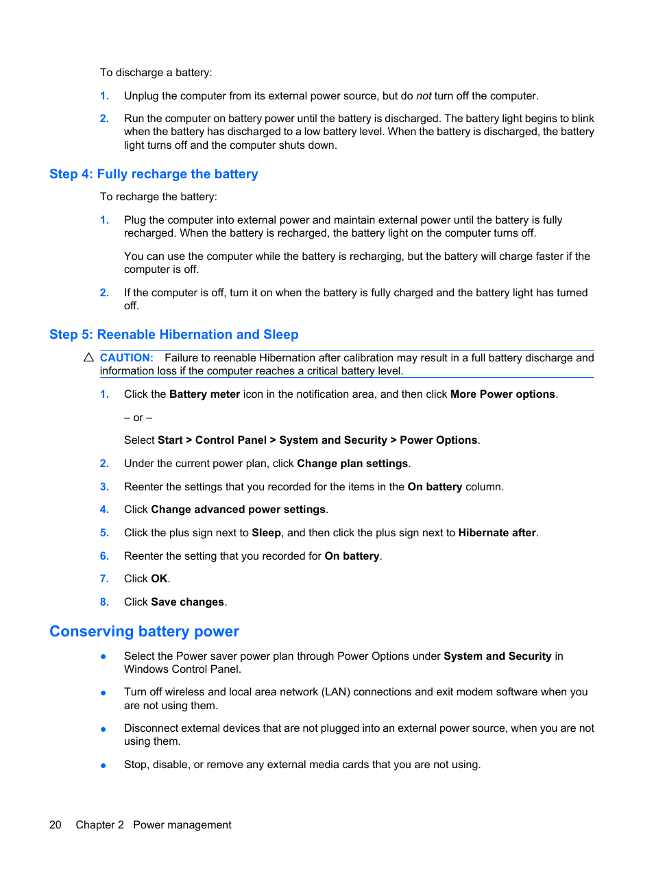 Step 4: fully recharge the battery, Step 5: reenable hibernation and sleep, Conserving battery power | Compaq Bluetooth Headset User Manual | Page 28 / 85