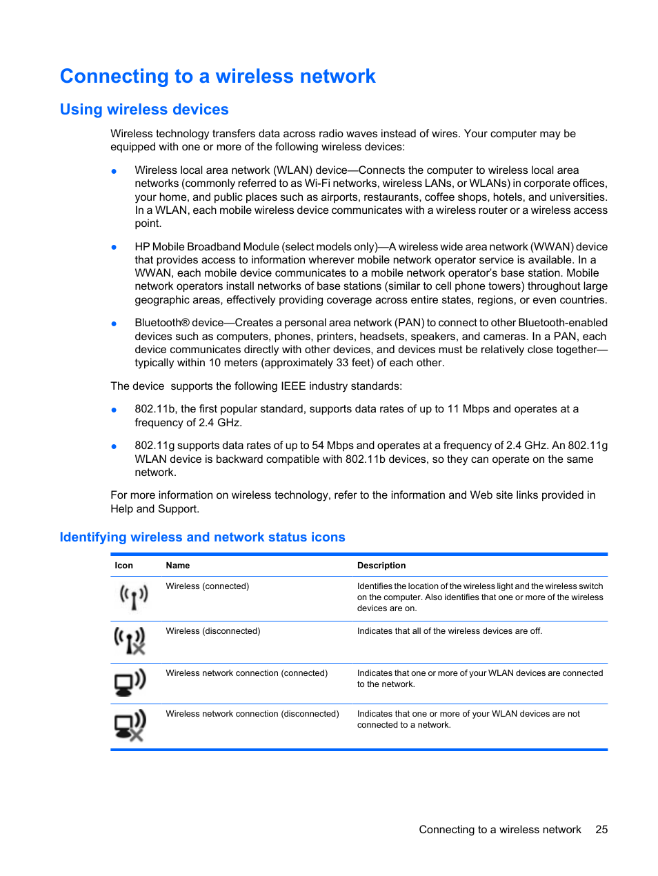 Connecting to a wireless network, Using wireless devices, Identifying wireless and network status icons | Compaq Bluetooth Headset User Manual | Page 33 / 85