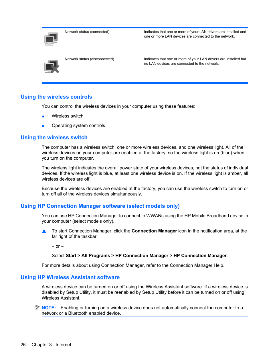 Using the wireless controls, Using the wireless switch, Using hp wireless assistant software | Compaq Bluetooth Headset User Manual | Page 34 / 85