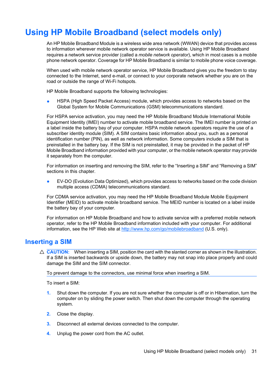 Using hp mobile broadband (select models only), Inserting a sim | Compaq Bluetooth Headset User Manual | Page 39 / 85