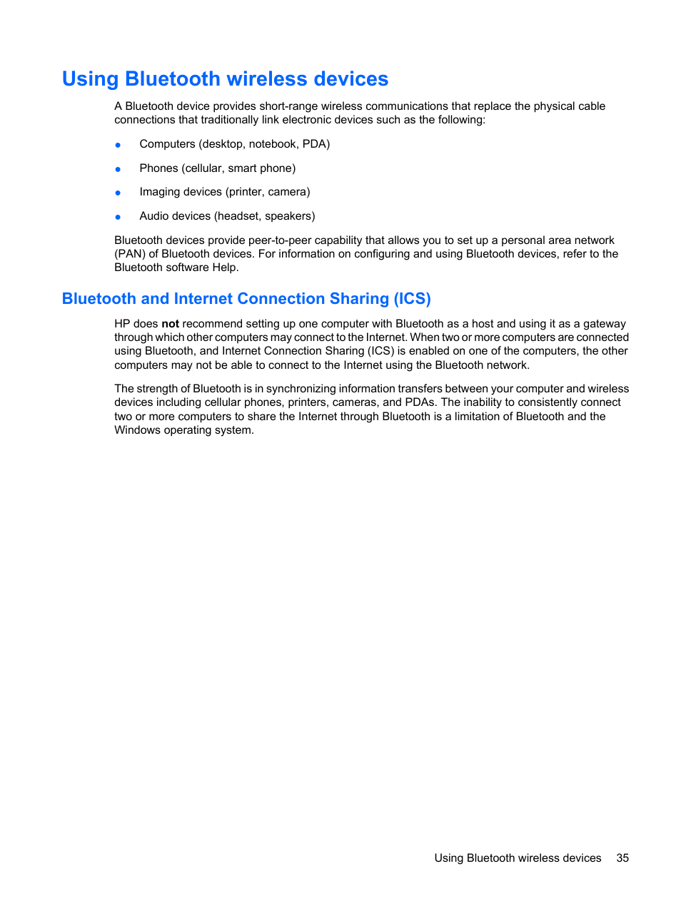 Using bluetooth wireless devices, Bluetooth and internet connection sharing (ics) | Compaq Bluetooth Headset User Manual | Page 43 / 85